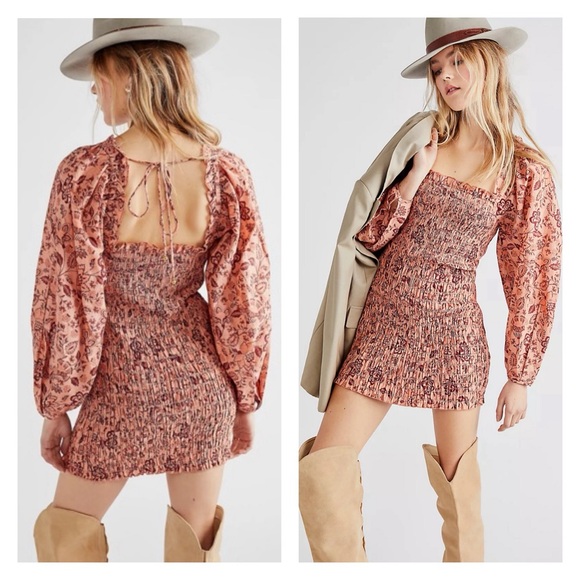 FREE PEOPLE Smock it to Me Floral On/Off Shoulder Mini Dress Coquette Milkmaid S - Picture 1 of 16